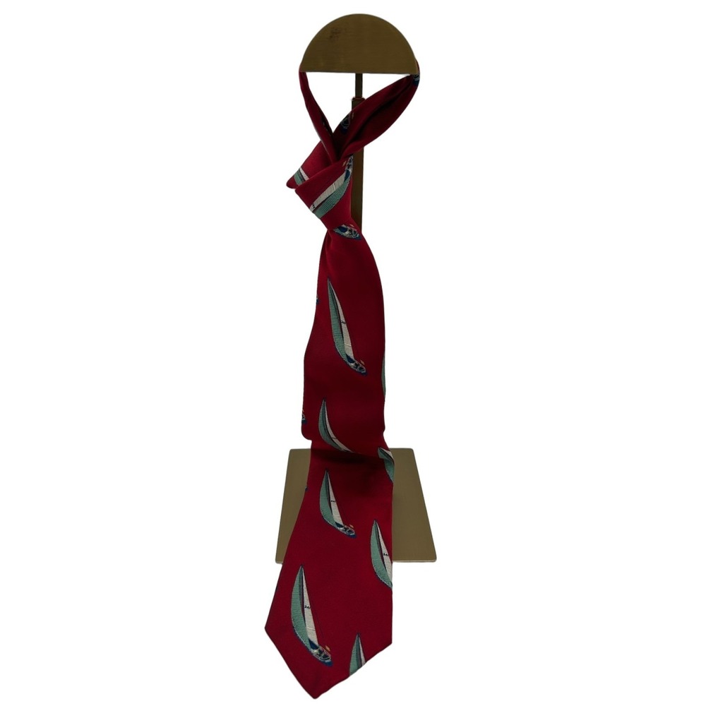 Vintage Polo Ralph Lauren 100% Silk Tie O/S Red Nautical Sailboat Made By Hand